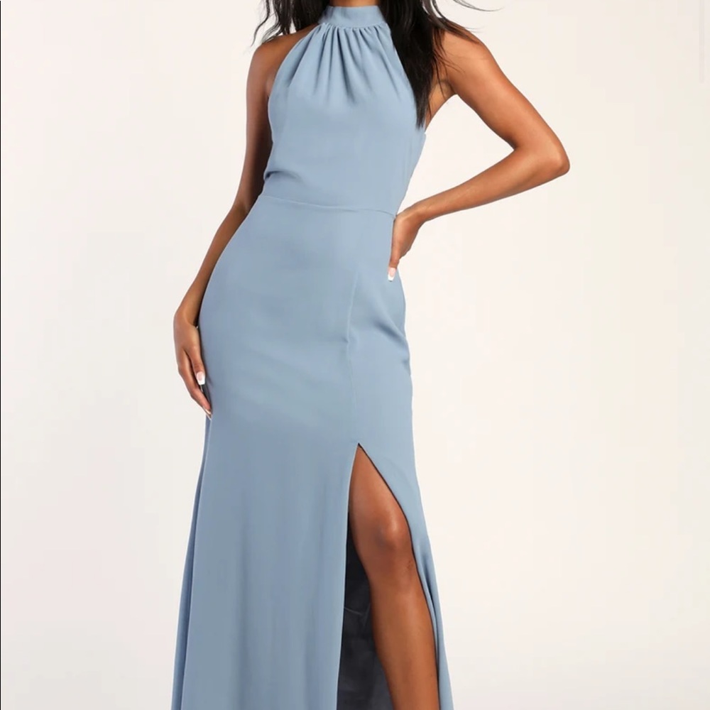Lulus a perfect dream slate blue halter maxi dress